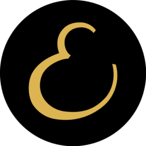 geschwungenes E des Logo Weingut Escher in einem schwarzen Kreis