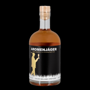 Foto einer Flasche Golden Williams Spirituose AROMENJÄGER des Weingut Escher vor schwarzem Hintergrund