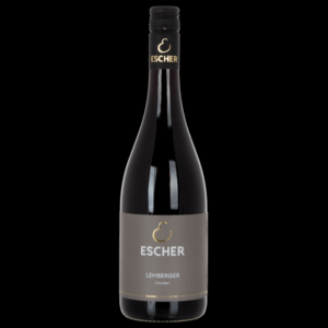 Foto einer Flasche LEMBERGER BERGKEUPER des Weingut Escher Schwaikheim bei Stuttgart im Rems-Murr-Kreis vor schwarzem Hintergrund