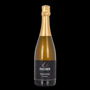 Foto einer Flasche MEILENSTEIN BRUT NATURE GOLDLAGE des Weingut Escher Schwaikheim bei Stuttgart im Rems-Murr-Kreis vor schwarzem Hintergrund