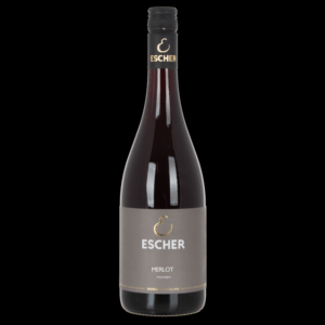 Foto einer Flasche MERLOT BERGKEUPER des Weingut Escher Schwaikheim bei Stuttgart im Rems-Murr-Kreis vor schwarzem Hintergrund