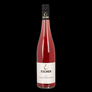 Foto einer Flasche MUSKAT-TROLLINGER ROSÉ HEIMAT des Weingut Escher Schwaikheim bei Stuttgart im Rems-Murr-Kreis vor schwarzem Hintergrund