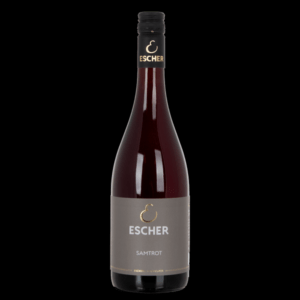 Foto einer Flasche SAMTROT BERGKEUPER des Weingut Escher Schwaikheim bei Stuttgart im Rems-Murr-Kreis vor schwarzem Hintergrund