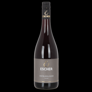 Foto einer Flasche SPÄTBURGUNDER BERGKEUPER des Weingut Escher Schwaikheim bei Stuttgart im Rems-Murr-Kreis vor schwarzem Hintergrund
