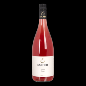 Foto einer Flasche TROLLINGER ROSÉ 1 LITERFLASCHE HEIMAT des Weingut Escher Schwaikheim bei Stuttgart im Rems-Murr-Kreis vor schwarzem Hintergrund