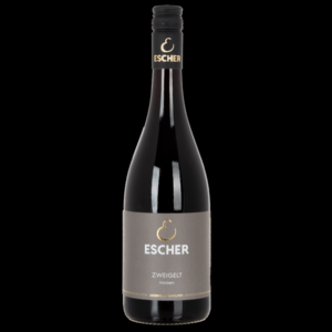Foto einer Flasche ZWEIGELT trocken BERGKEUPER des Weingut Escher Schwaikheim bei Stuttgart im Rems-Murr-Kreis vor schwarzem Hintergrund
