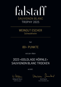 Scan einer Urkunde von falstaff Weinguide zur Auszeichnung mit 89 Punkte für den ESCHER GOLDLAGE Sauvignon Blanc