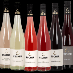 Bilder von 6 Flaschen eines Probierpaket aus 6 Flaschen unserer halbtrockenen Weine. 1x 0,75L Flasche BLANC DE NOIR halbtrocken ESCHERS HEIMAT 1x 0,75L Flasche ERSTE BEGEGNUNG ROT halbtrocken ESCHERS HEIMAT 1x 0,75L Flasche ERSTE BEGEGNUNG ROSÉ halbtrocken ESCHERS HEIMAT 1x 0,75L Flasche ERSTE BEGEGNUNG WEISS halbtrocken ESCHERS HEIMAT 1x 0,75L Flasche MUSKAT-TROLLINGER ROSÉ halbtrocken ESCHERS HEIMAT 1x 0,75L Flasche SAMTROT halbtrocken ESCHERS BERGKEUPER