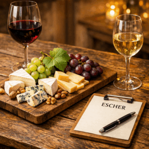 Bild ESCHER Käse & Wein - Brett mit Käse und Trauben auf einem Holztisch mit Weingläsern und dazu ein Klemmbrett mit ESCHER Schriftzug und Stift