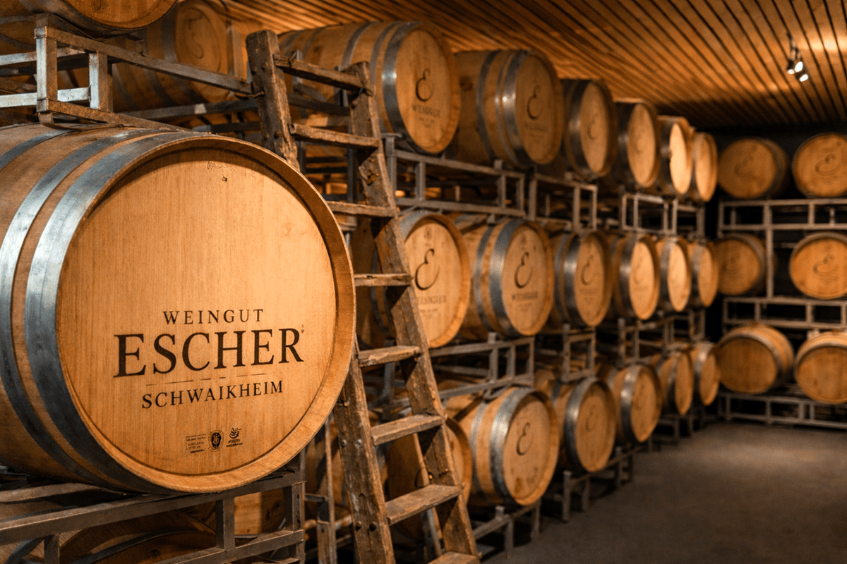 Foto Barriquefass-Keller Weingut Escher Schwaikheim mit einer Holzleiter im Vordergrund mit Fass - von Simon Escher