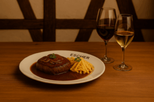 KI Foto eines weißen Teller mit Rostbraten mit Zwiebeln, welcher von Spätzle und Soße begleitet wird und auf dem Holztasch auch ein Glas Rotwein und Weißwein stehen.